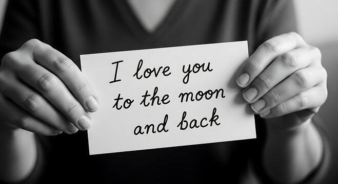 Black and White Close-up of Hands Holding "I love you to the moon and back" Handwritten Note