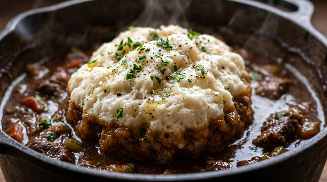Traditional British Suet Dumplings &ndash; Close-Up of Fluffy Steamed Herbed Dumplings in Rich Beef Stew