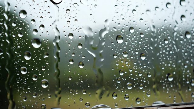 Raindrops cling to a windowpane, distorting the view of a verdant, tree-lined landscape outside, evoking a sense of cozy introspection on a wet day.