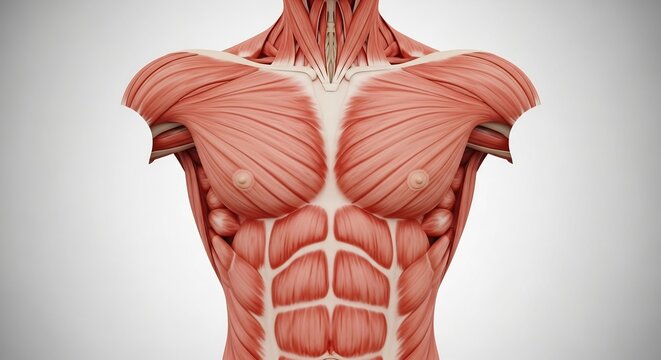 Detailed 3D Anatomy Illustration of Human Torso Muscles.