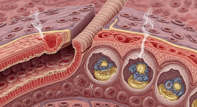 Detailed illustration of human skin layers and sweat glands producing perspiration.