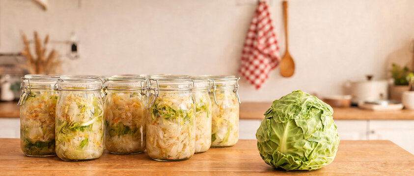 Row of glass jars with homemade sauerkraut and a fresh head of cabbage on a wooden table in a light kitchen.