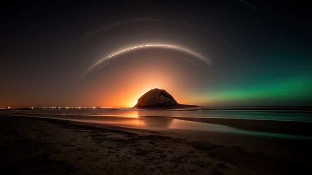 Captivating long exposure star trails luminous curved lines twilight sky white light blue fanning arc sky gradient dark blue upper left vivid teal green bottom right dark irregular silhouette landscap