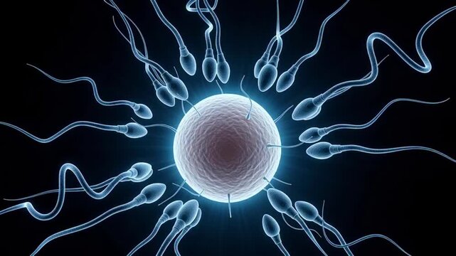 Microscopic view of sperm cells swimming towards an egg. 4k video