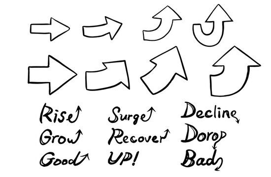 Hand drawn arrows with English text set, doodle arrow icons for business and infographics vector