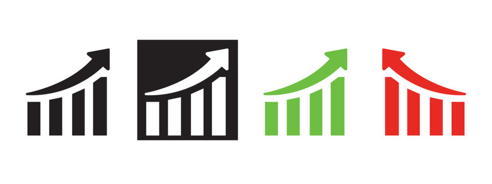 Upward trend graph icons in black green red with increase positive business