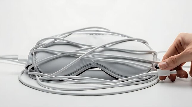 Tangled Charging Cables Around Sleep Mask Representing Digital Fatigue