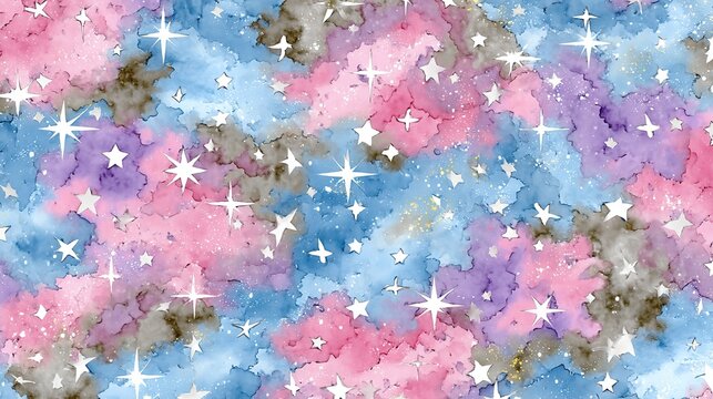 Digitally rendered starry sky prominent nebula upper portion dark blue lower and central areas colorful cosmic cloud purple pink light blue numerous white stars varying sizes scattered smooth gradient