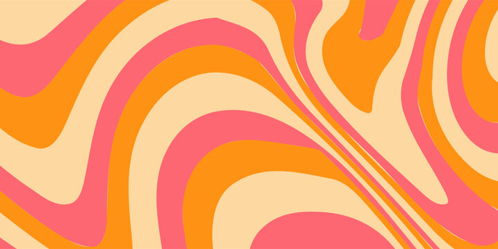 1970 Wavy Swirl Seamless Pattern in Orange and Pink Colors. Hand-Drawn Vector Illustration. Seventies Style, Groovy Background, Wallpaper, Print. Flat Design, Hippie Aesthetic.