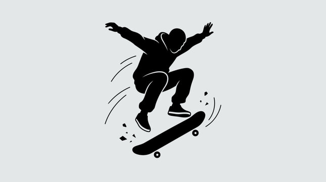 A minimalist flat vector silhouette illustration of a skateboarder performing a jump trick on a skateboard.