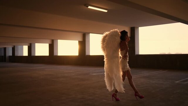 Photographer captures a fashion model with angel wings during a cinematic golden hour rooftop photoshoot with warm sunlight and dreamy atmosphere.