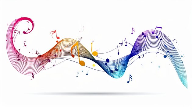 Vibrant music wave with colorful notes.