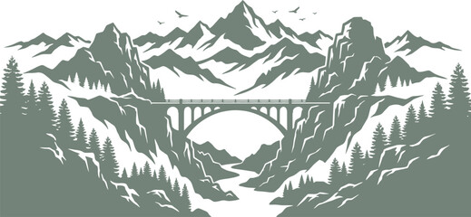 Arched stone bridge spans a river through a pine forest mountain valley © Nabil