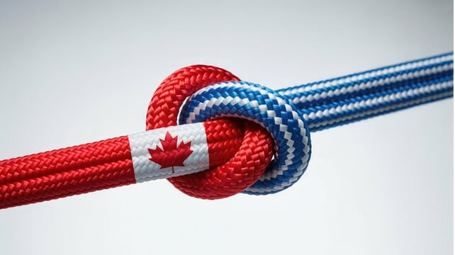 Red and blue braided ropes tied in a knot with a canadian maple leaf pattern