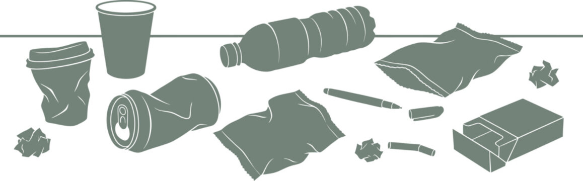 Assorted plastic and metal litter waste items