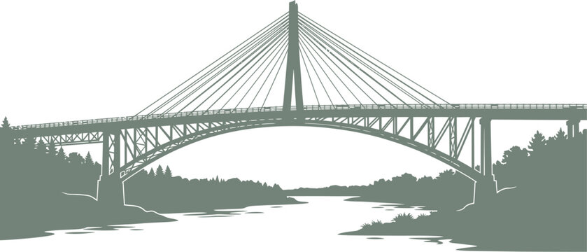 Cable-stayed bridge pylon silhouette in a forest landscape
