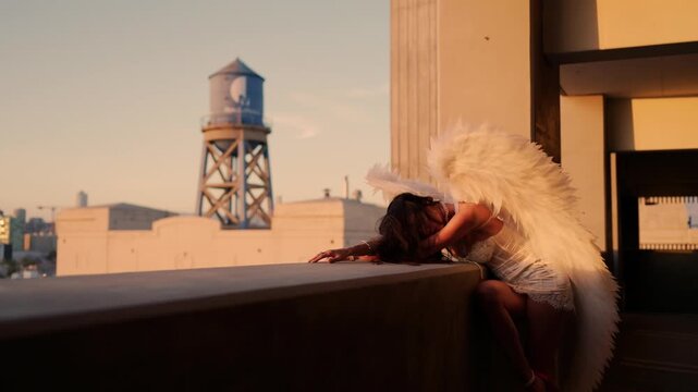 Photographer captures a fashion model with angel wings during a cinematic golden hour rooftop photoshoot with warm sunlight and dreamy atmosphere.