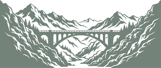 Concrete arch bridge spanning a deep mountain valley with a river © Nabil