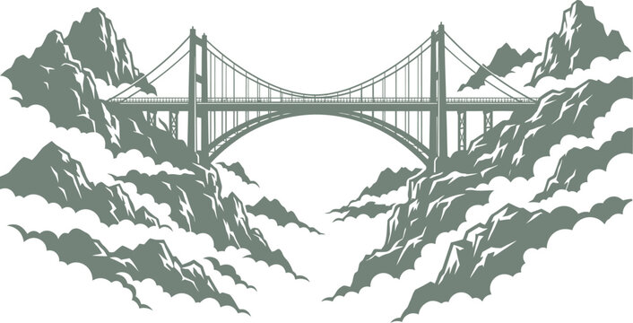 Complex bridge structure spanning a cloud-filled mountain valley