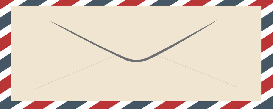 Vintage airmail postcard back template with diagonal blue and red stripe. Travel post card blank backside. Air mail envelope frame with postage place. Vector illustration isolated on white