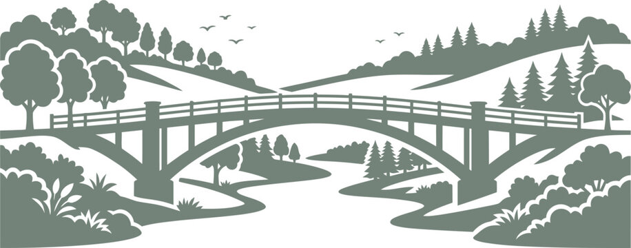 Countryside stone bridge over a river with birds in flight