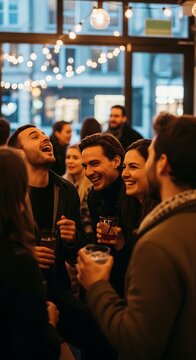Group of friends laughing and drinking together in a cozy bar.
