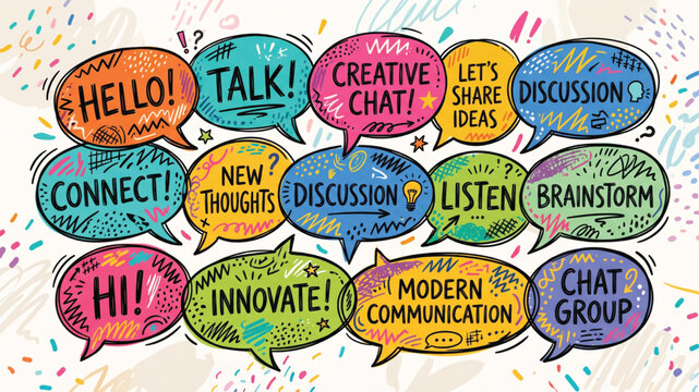 Colorful illustration of speech bubbles with communication and discussion words on a beige background with confetti.
