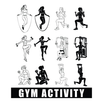 Minimalist vector set of gym workout and fitness activity icons featuring cardio and strength training exercises.