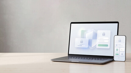 Fototapeta premium Secure cloud login concept on laptop and phone with shield interface on desk