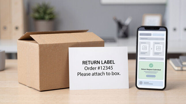 Return label and smartphone return request beside cardboard parcel on desk