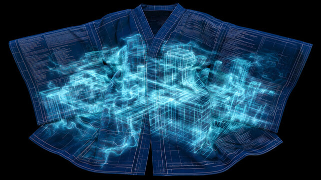 Futuristic kimono featuring glowing neon wireframe architectural blueprints of a mega-city.