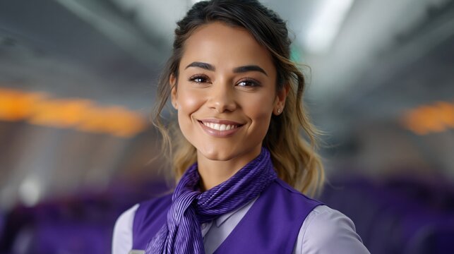 Flight attendant smiling in cabin with purple uniform and scarf before preflight service begins