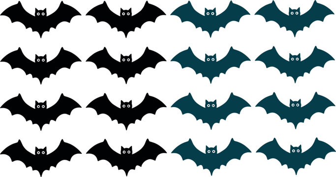 Cute Halloween Bat Silhouette Icon Set with Black and Dark Blue Spooky Flying Creatures for Funny Holiday Party Decorations and Kids Craft Designs