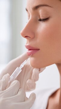 A cosmetologist in sterile gloves injects clear gel filler into the upper lip of a Latina woman.