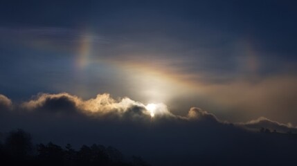 Obraz premium Sunlight breaking through clouds at dawn with rainbow halo effects over forested landscape