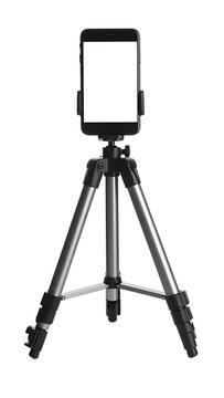 Smartphone on a tripod stand holder.