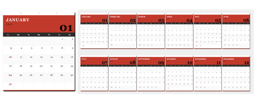 2027 Desk Calendar Template &mdash; Flip Card Style, 12 Monthly Cards, Red Accent, Sunday Start, Minimalist Vector Design