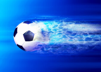 Naklejka premium 空気を切り裂いて飛行するサッカーボールのダイナミック背景素材