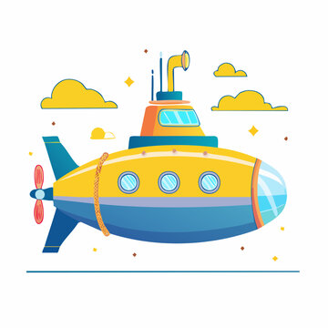 Cartoon Yellow Submarine with Clouds and Stars