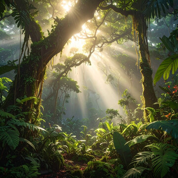 Golden rays illuminate dense jungle