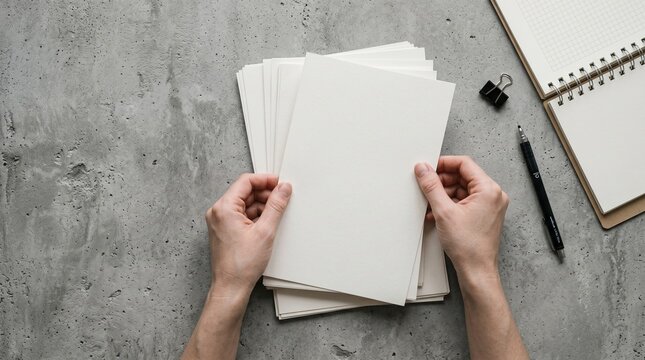 Top view of hands holding a stack of blank white paper pages on a gray textured background next to a notebook and pen