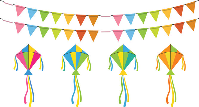Colorful festa junina bunting flags and kites decoration isolated festive brazilian celebration vector illustration design