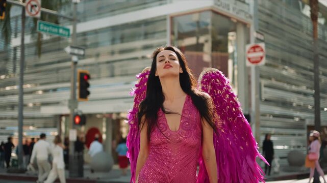 A woman dressed as a Valentine-themed angel in a vibrant pink costume walks through the luxury shopping streets of Beverly Hills holding a handmade Valentine&rsquo;s Day sign. Surrounded by palm trees