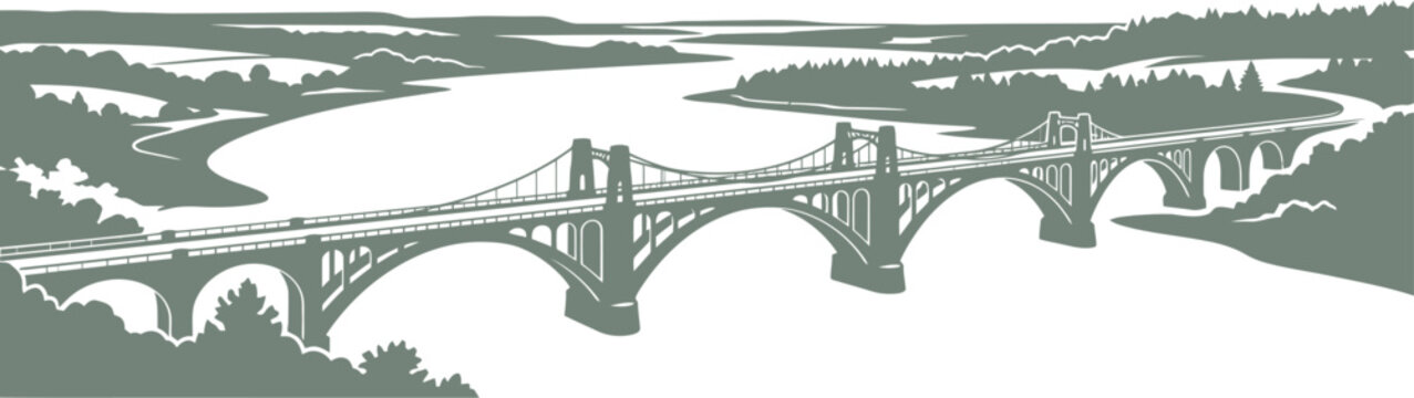 vector can be editable Long multi arch bridge crossing a wide lake or bay