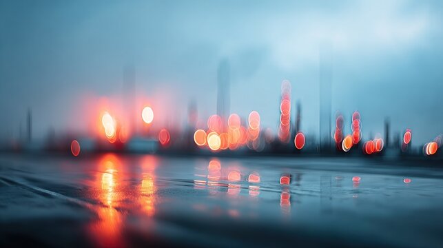 Blurred city lights reflect vividly on a wet, dark surface under a moody sky