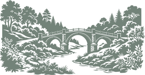 Naklejka premium vector can be editable Ornate masonry bridge with three arches crosses a rocky stream in a wild forest