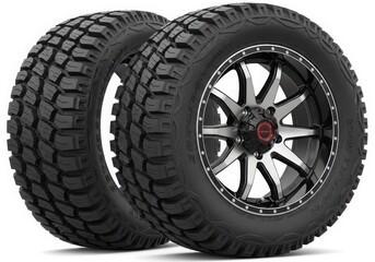 Obraz premium Black car tire with alloy wheel on white background