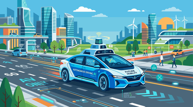Self-driving car with AI technology on a city road with futuristic buildings