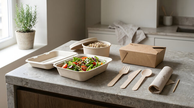 Eco-friendly disposable food containers with salad and wooden cutlery on kitchen counter.