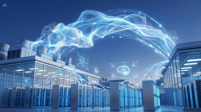 Artificial intelligence datacenter transitioning into a glowing hybrid cloud network infrastructure